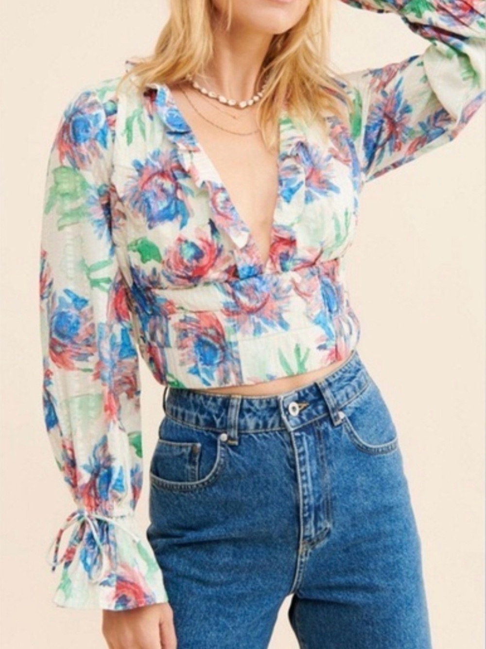 Anthropologie Blue Green Red Floral V-Neck Ruffle Crop Blouse